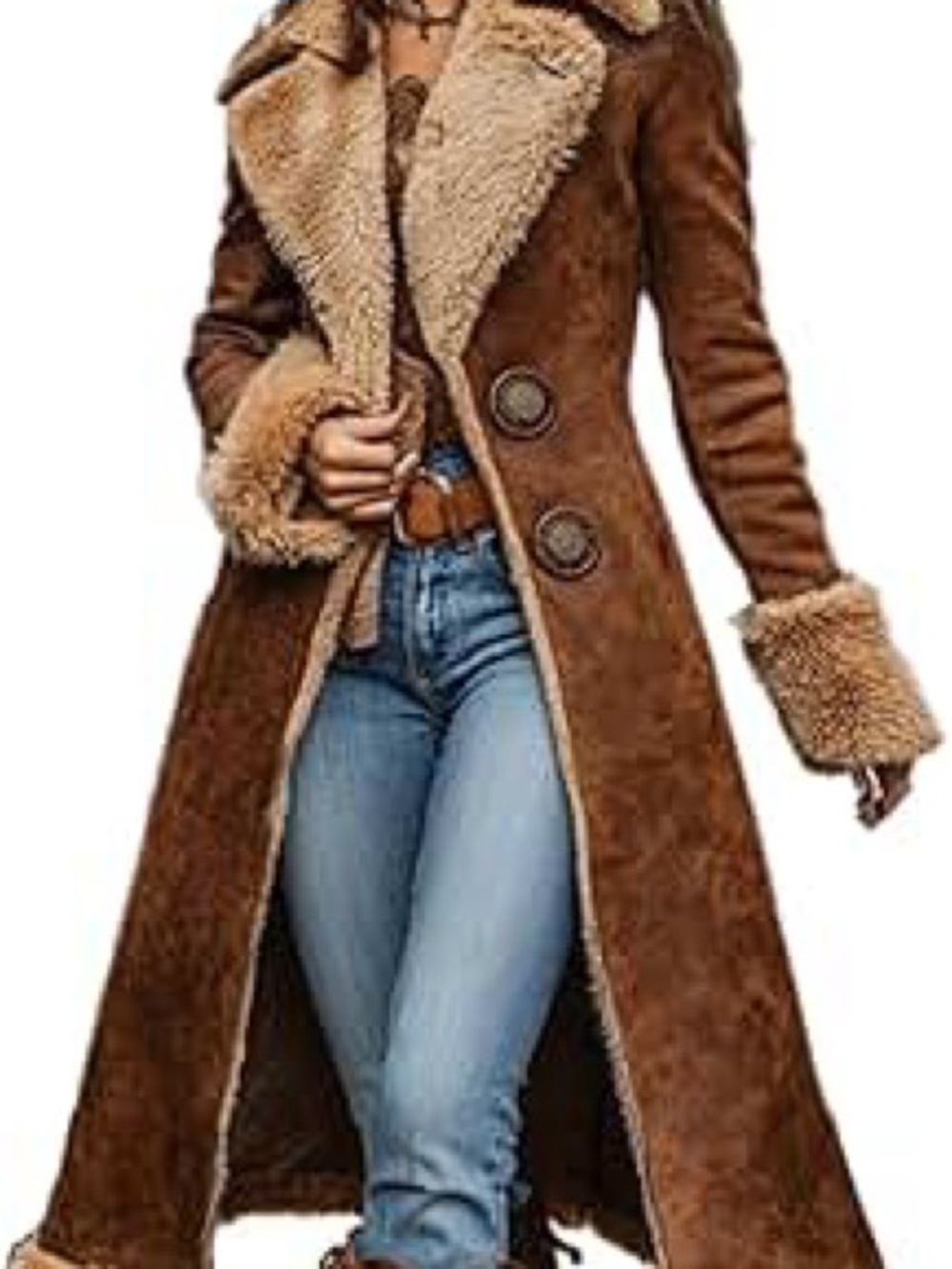 Women's Long Faux Shearling Coat - Brown